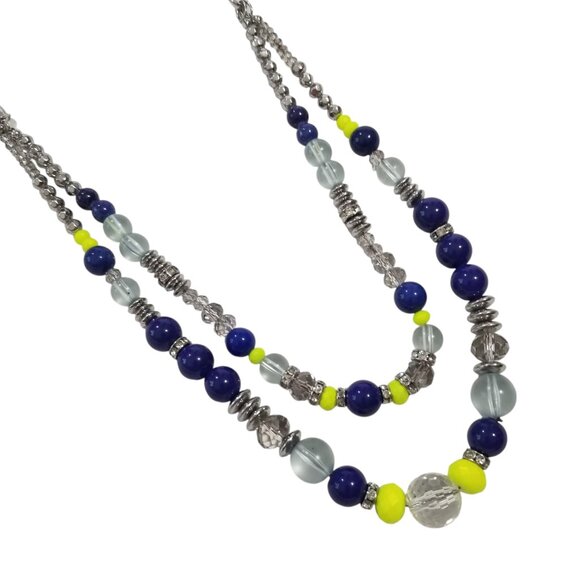 Loft Rope Necklace w/Crystals, Blue and Lime Green Beads on a Chrome Chain - Picture 4 of 13